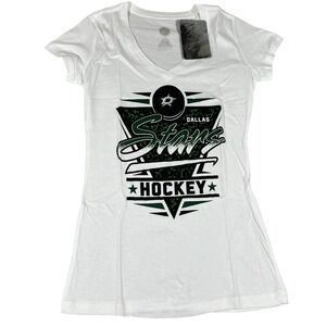 NHL Dallas Stars Womens Small White V-Neck Graphic T-Shirt‎ Short Sleeve New NWT
